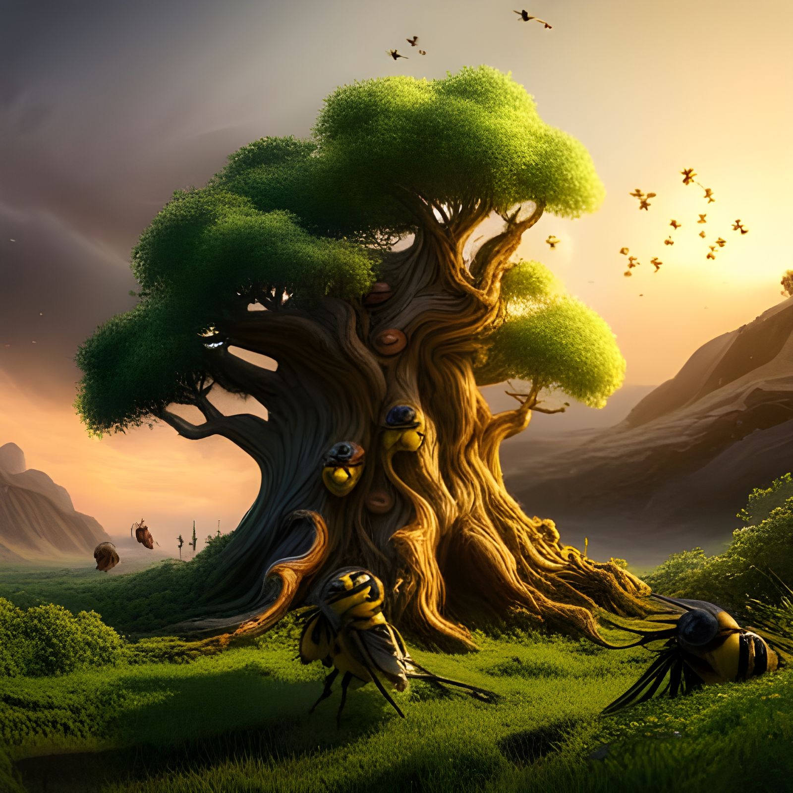 Bumble Bees Attack Tree: Detailed Matte Painting