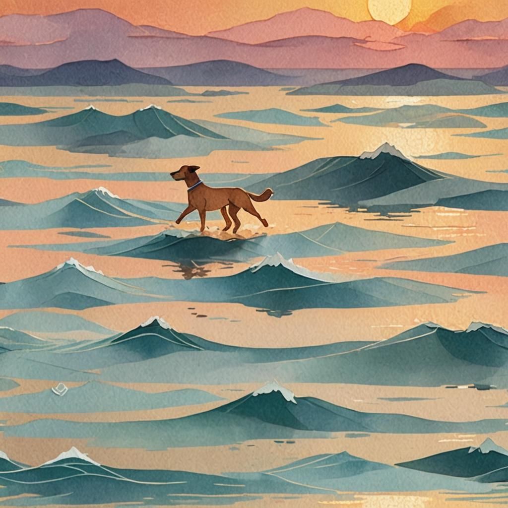 Dog Swimming at Sunset in Papercraft Style