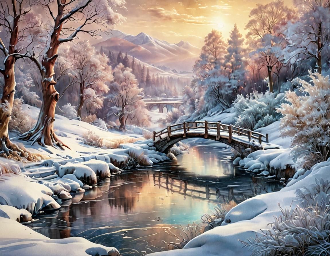 Winter Landscape with Iced Stream in Watercolor Style