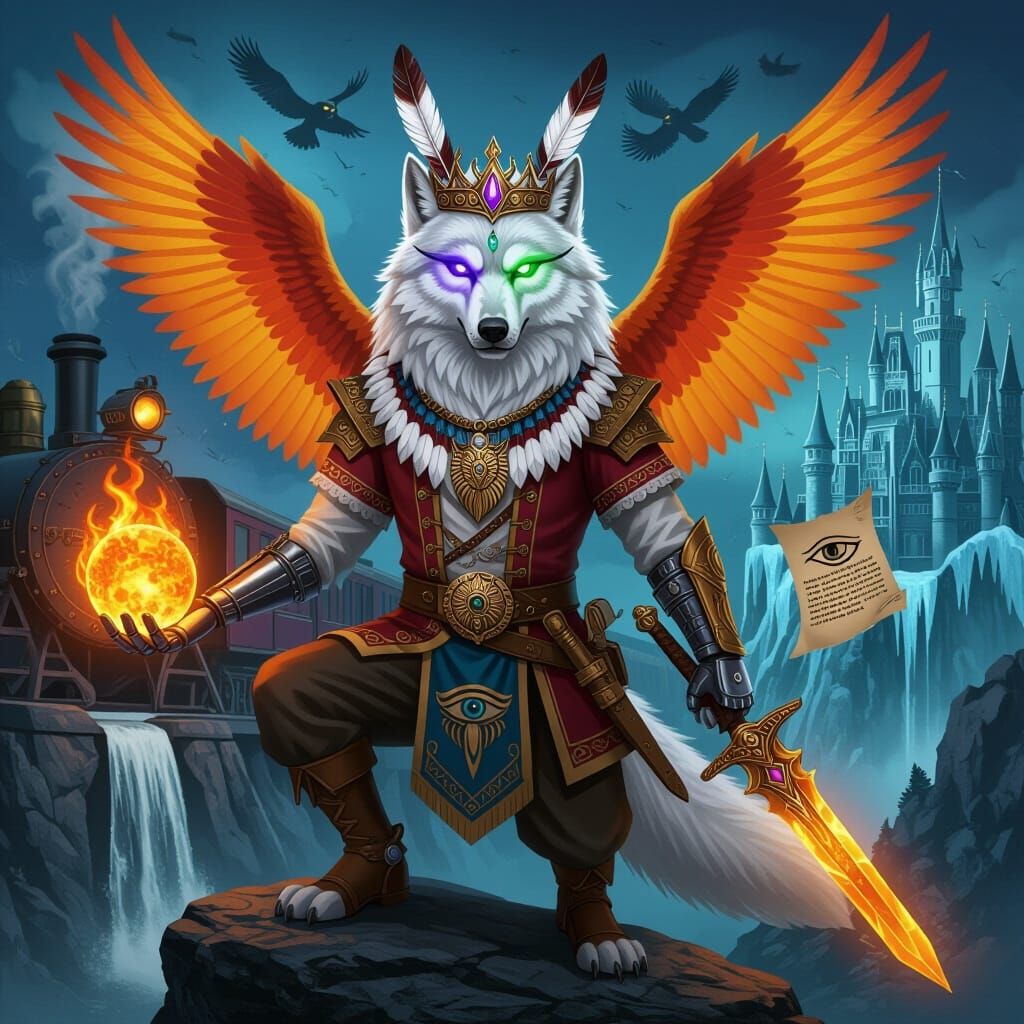 Majestic Wolf-Dragon Hybrid With Fiery Sword In Cosmic Realm