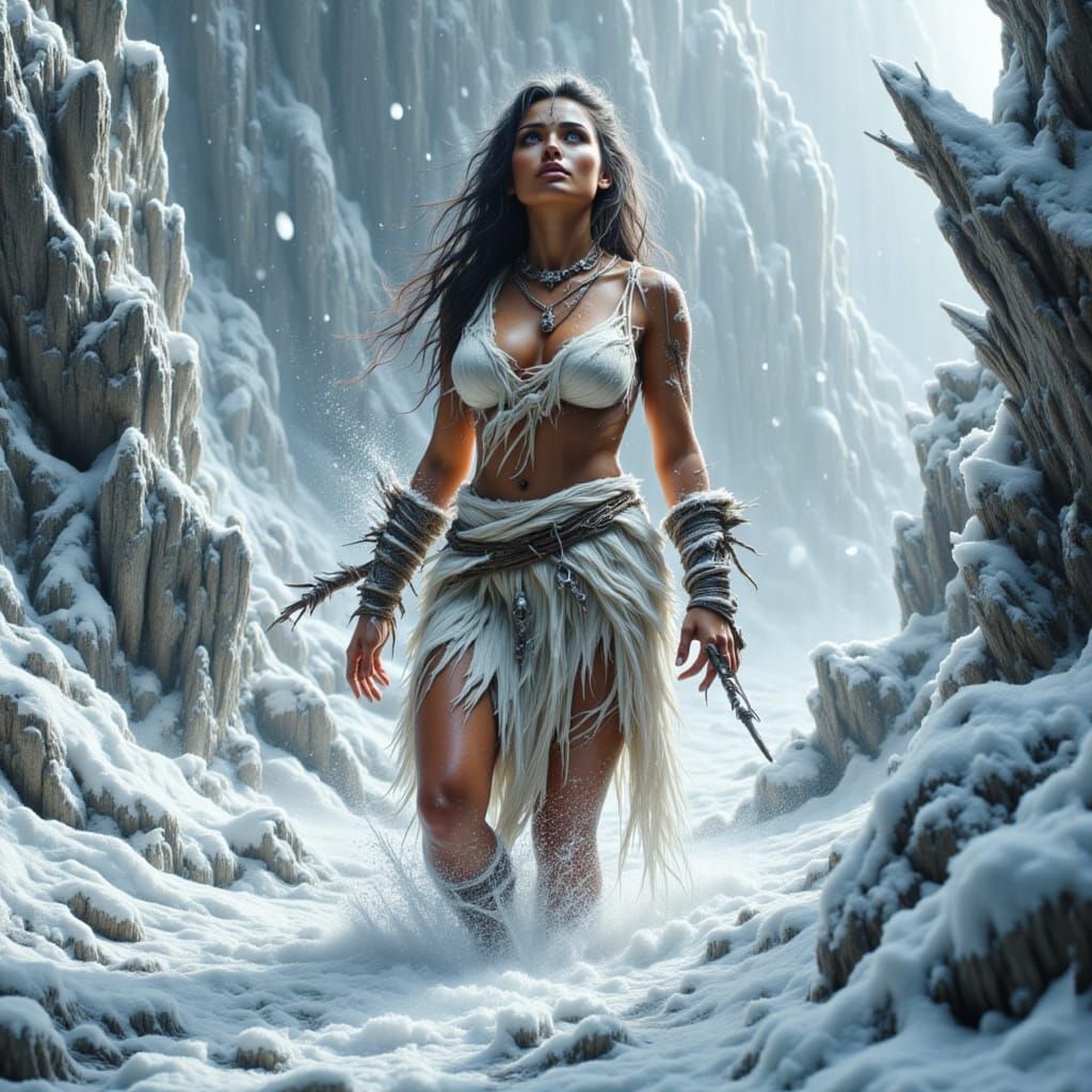 Cavewoman Fights Against the Fury of the Blizzard