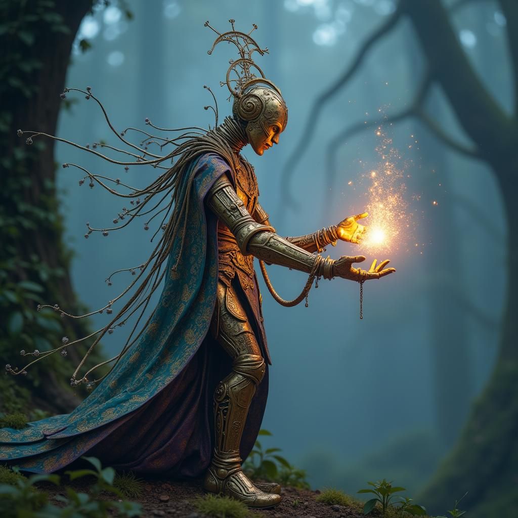 Brass Automaton Sorcerer Casting Spell in Mystical Forest