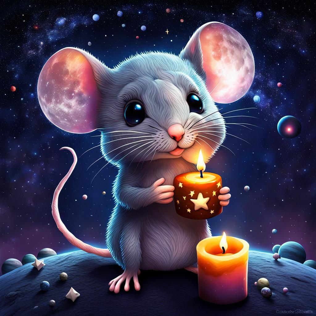 Chibi Mouse with Candle Under Starry Sky