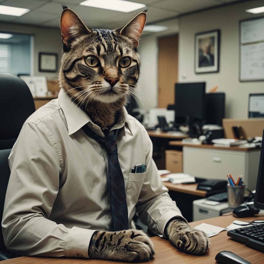 Photorealistic Cat Working in Office, Cinematic Style