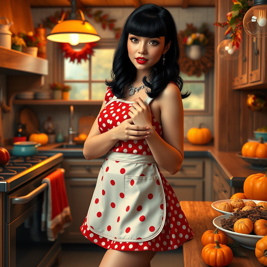 Thanksgiving Pinup Girl in Retro Kitchen, Matte Painting