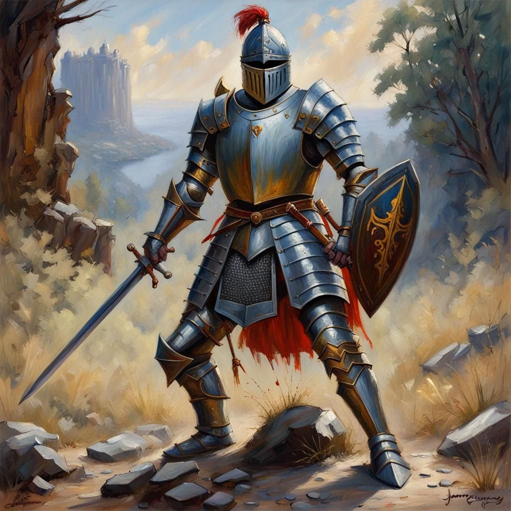 Fantasy Knight Ready for Battle as Oil Painting