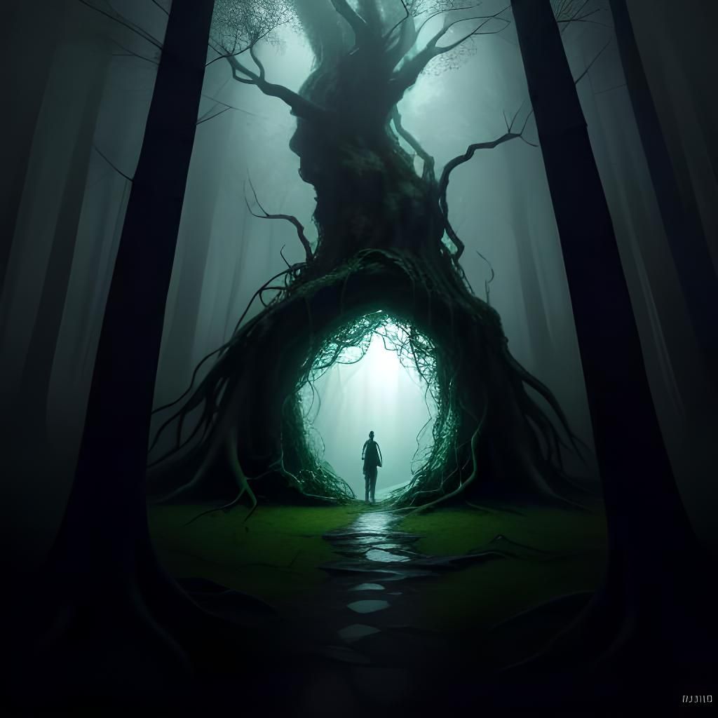 Girl and Teddy Bear at Forest Portal, Hyperrealistic 3D