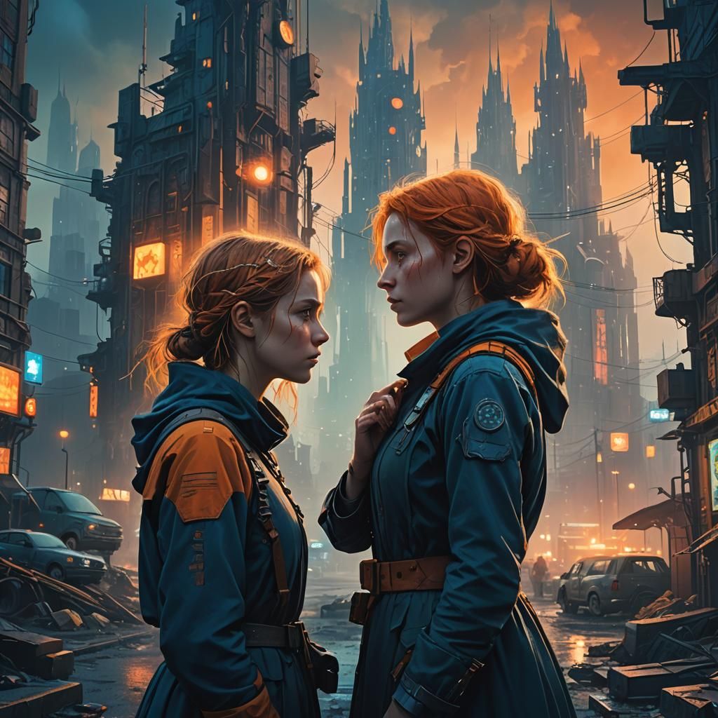 Futuristic Medieval City: Two Women Embrace