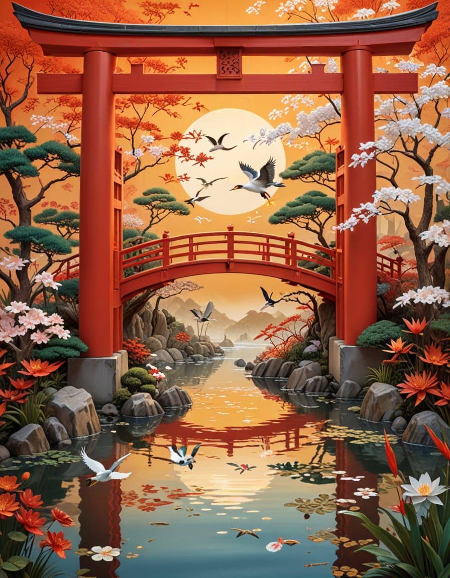 Red Torii Gates in Silk Tapestry with Cranes and Koi