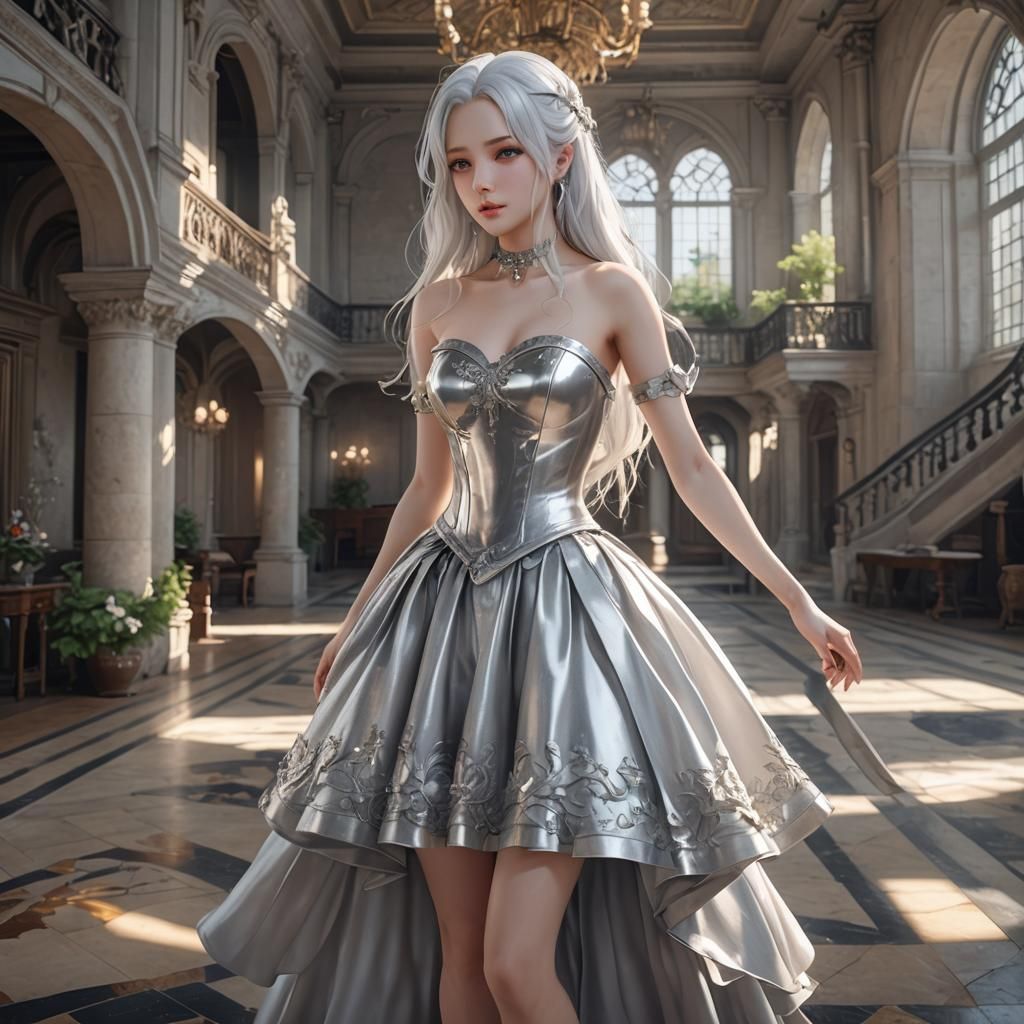 Anime Girl in Silver Dress: 3D Anime Art