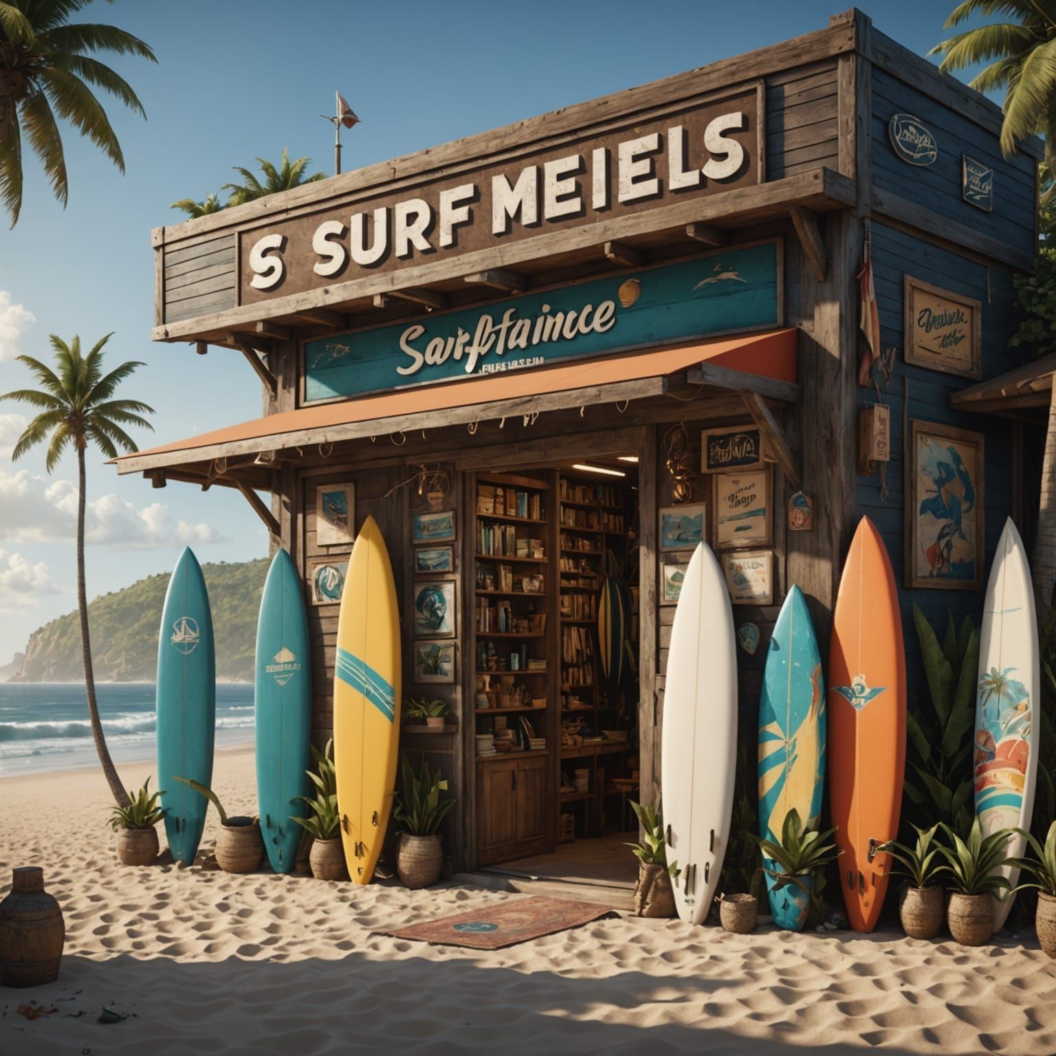 Surreal Beachside Surf Shop in Vibrant Colors