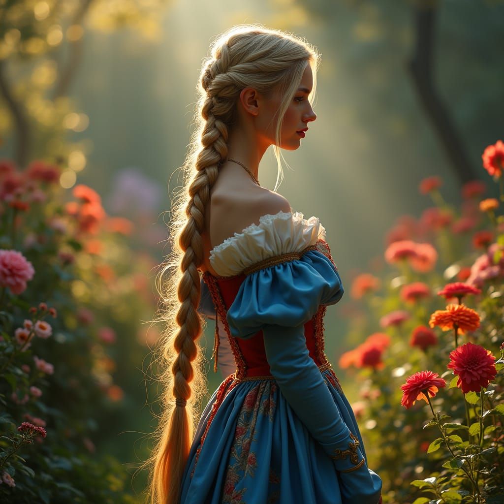 Elegant Blonde Goddess Amidst Vibrant Floral Paradise