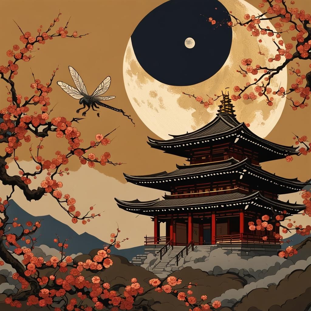 Ukiyo-e Dragon Over Temple at Night