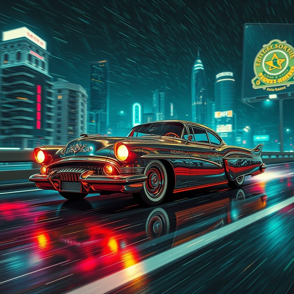 Vintage Car on Cyberpunk Highway at Night