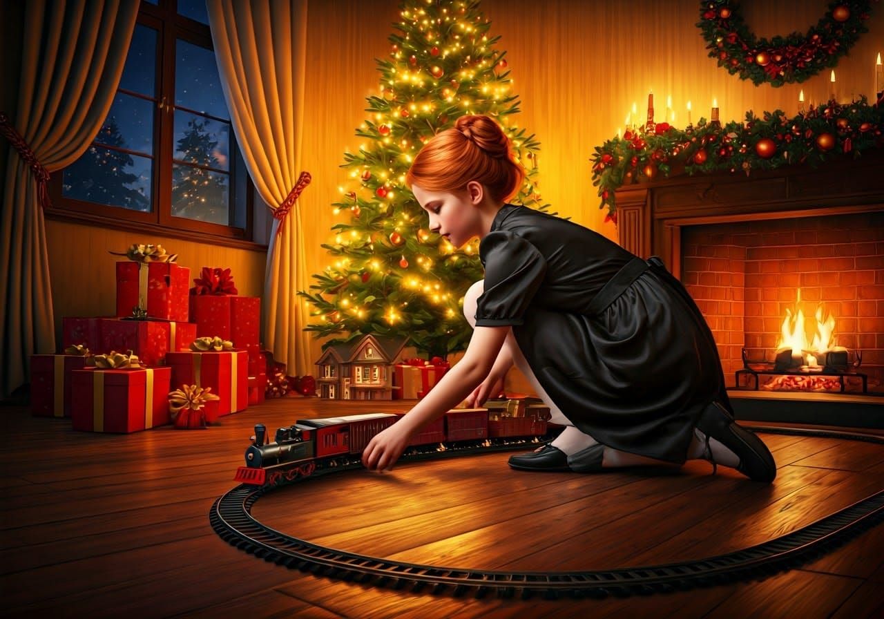 Festive Scene of a Young Girl with a Train Set and Christmas...