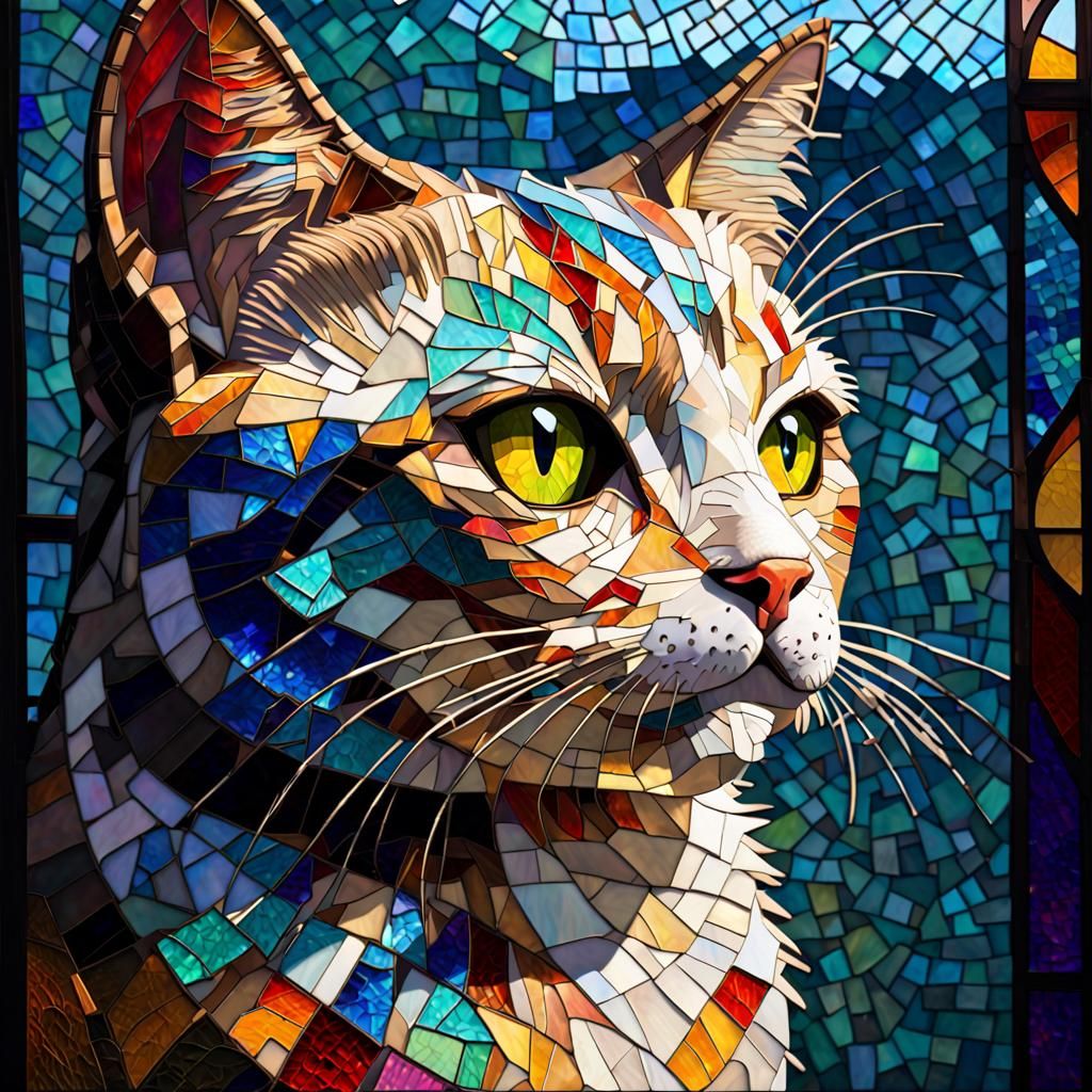 Stained Glass Mosaic Cat in Bright Colors