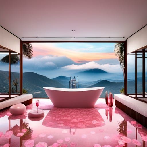 Luxurious Rose Quartz Bath Overlooking the Mountains