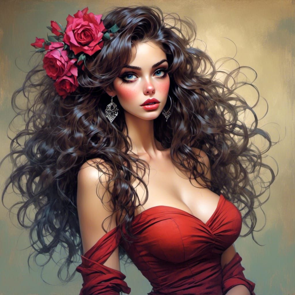 Voluptuous Woman in 80s Fantasy Art Style