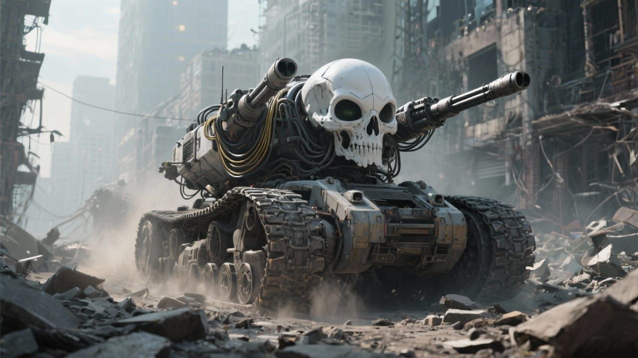 Dystopian Alien Tank Rolls Through Ruined City