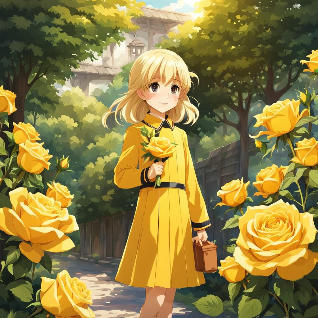Cheerful Siblings with Yellow Roses in Anime Style