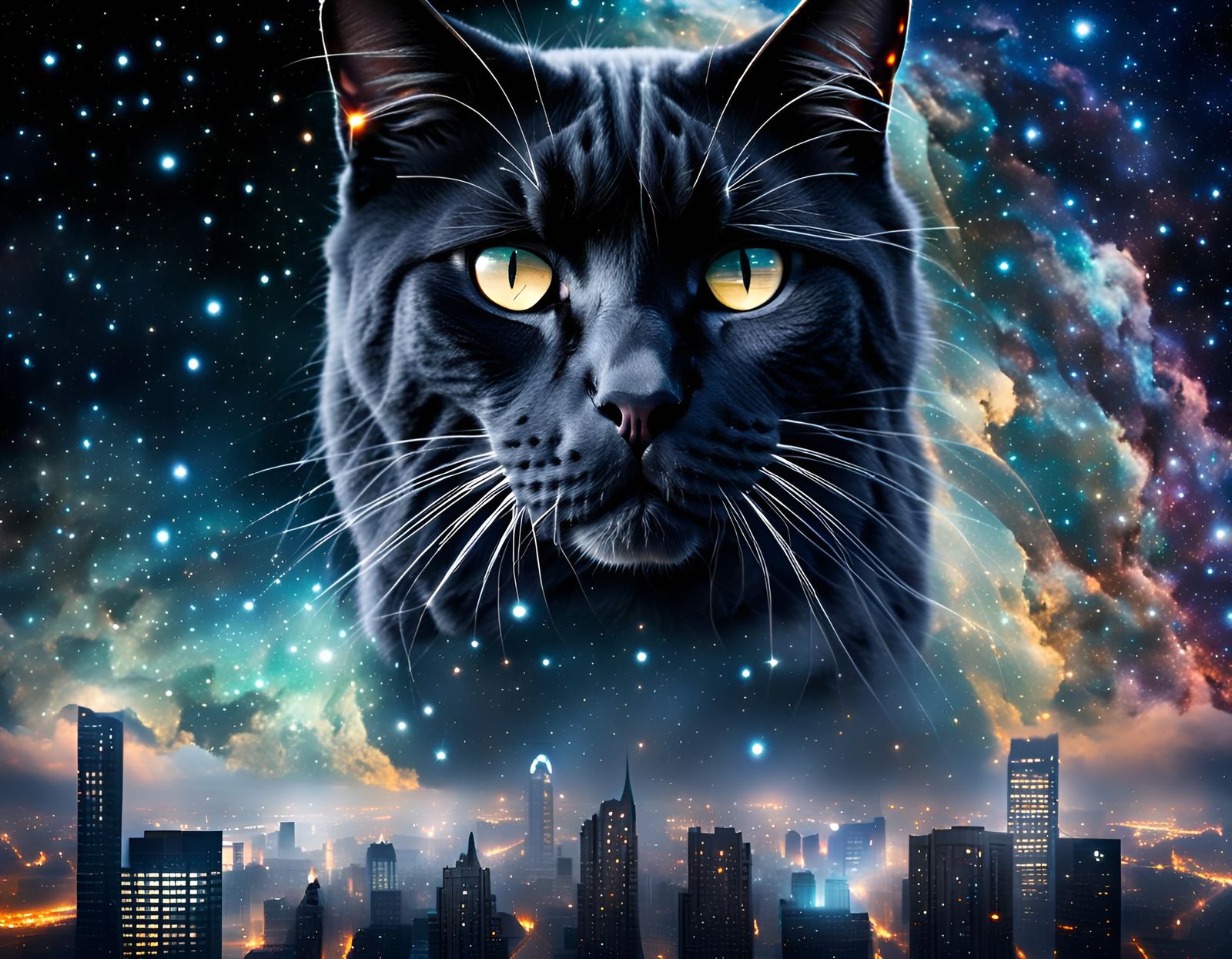Cosmic Black Cat Over City at Night