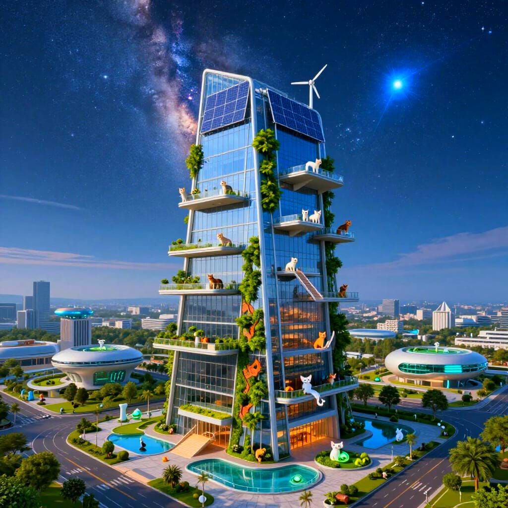 Futuristic Cat Skyscraper in Sustainable City