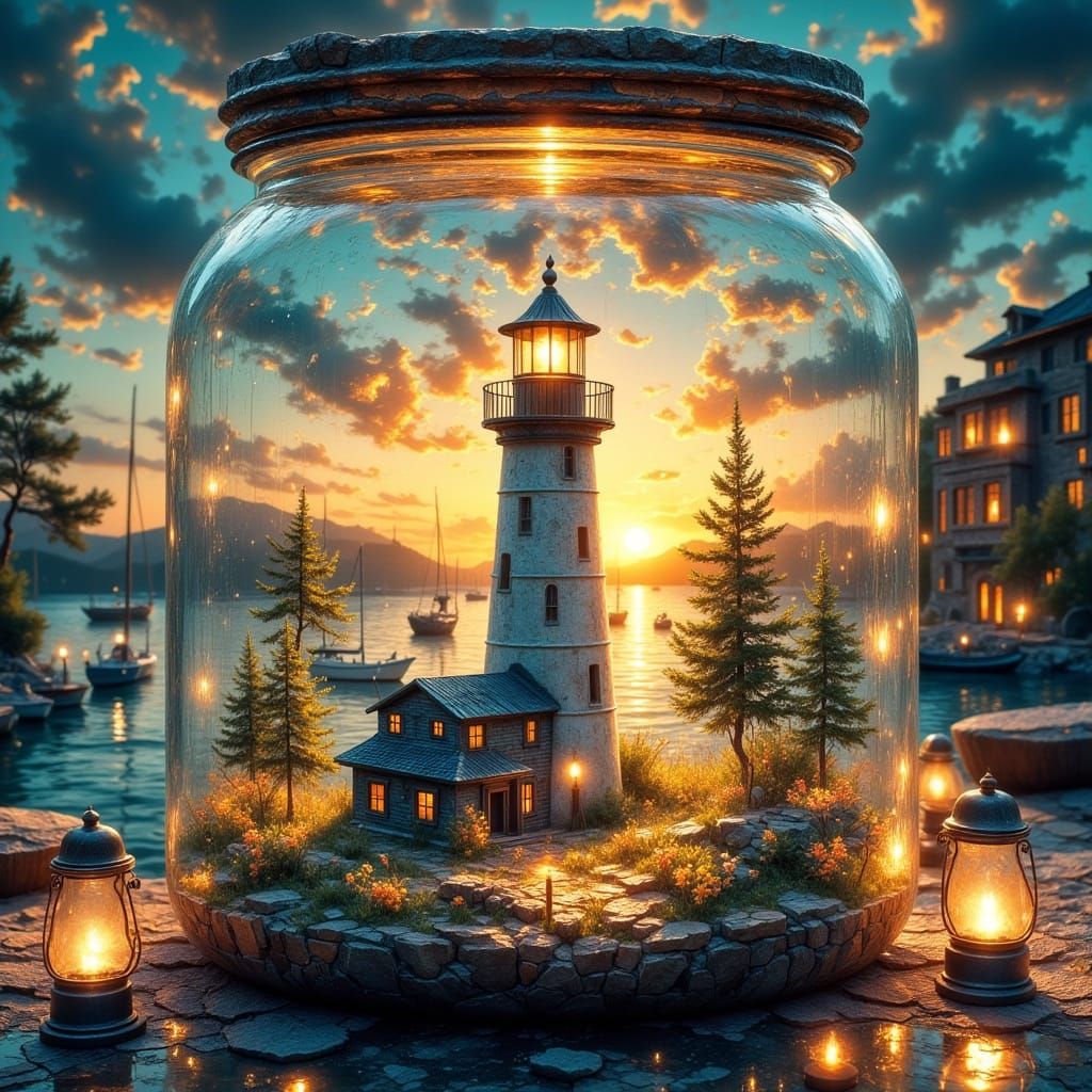 Lighthouse in a Jar at Sunset as Digital Painting