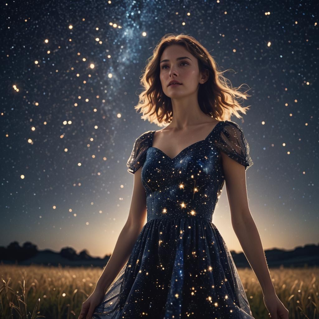 Woman in Starry Dress Under a Night Sky