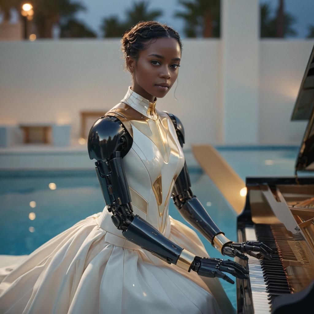 Futuristic Robot Plays Piano in Luxurious Setting