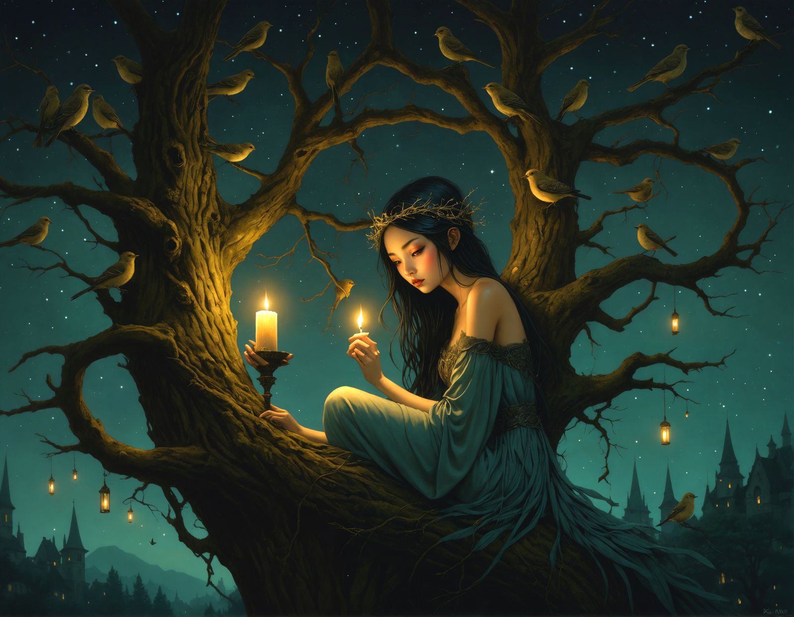 Mysterious Bird-Girl in Starry Night, Surreal Art