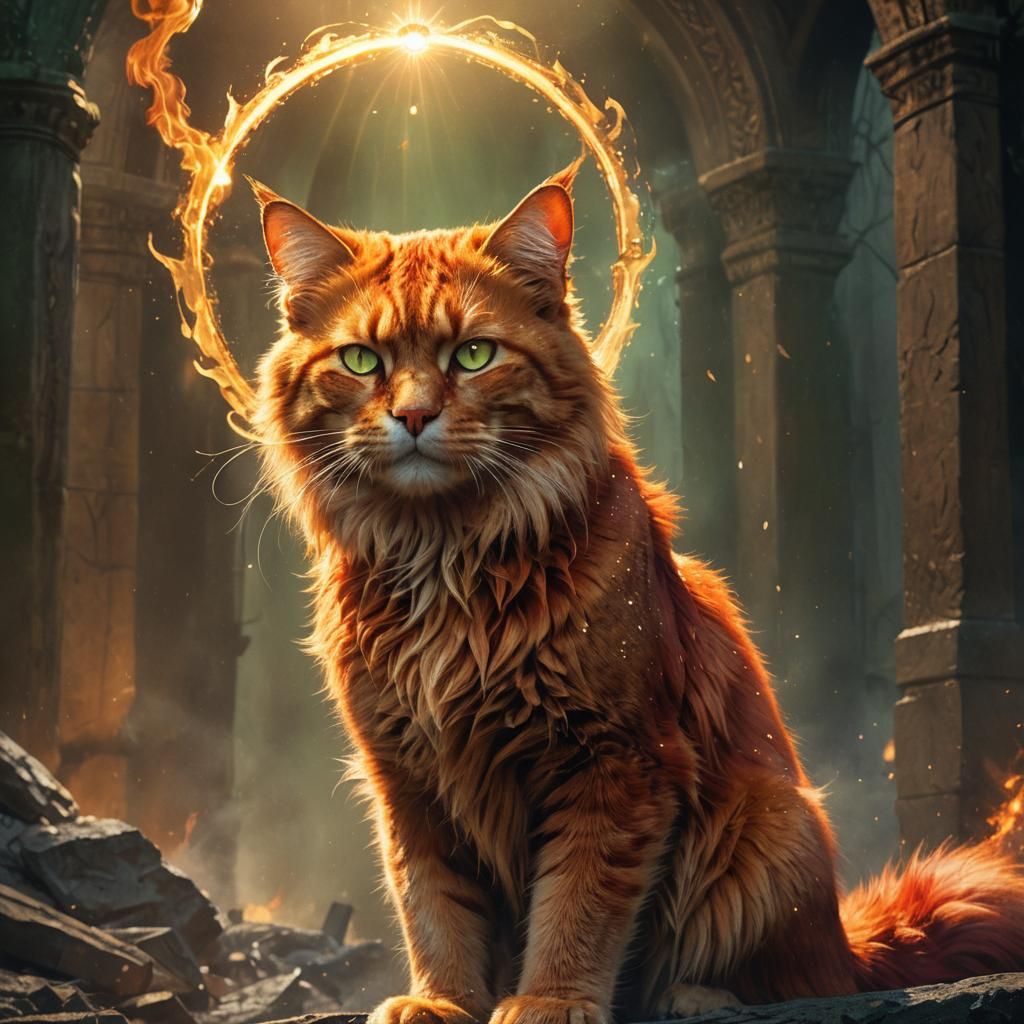 Majestic Fiery Cat Portrait in Fantasy Art Style