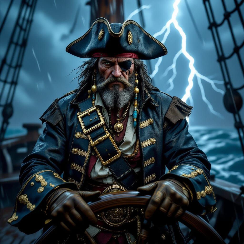 Pirate Captain in Stormy Seas, Cinematic Adventure Style