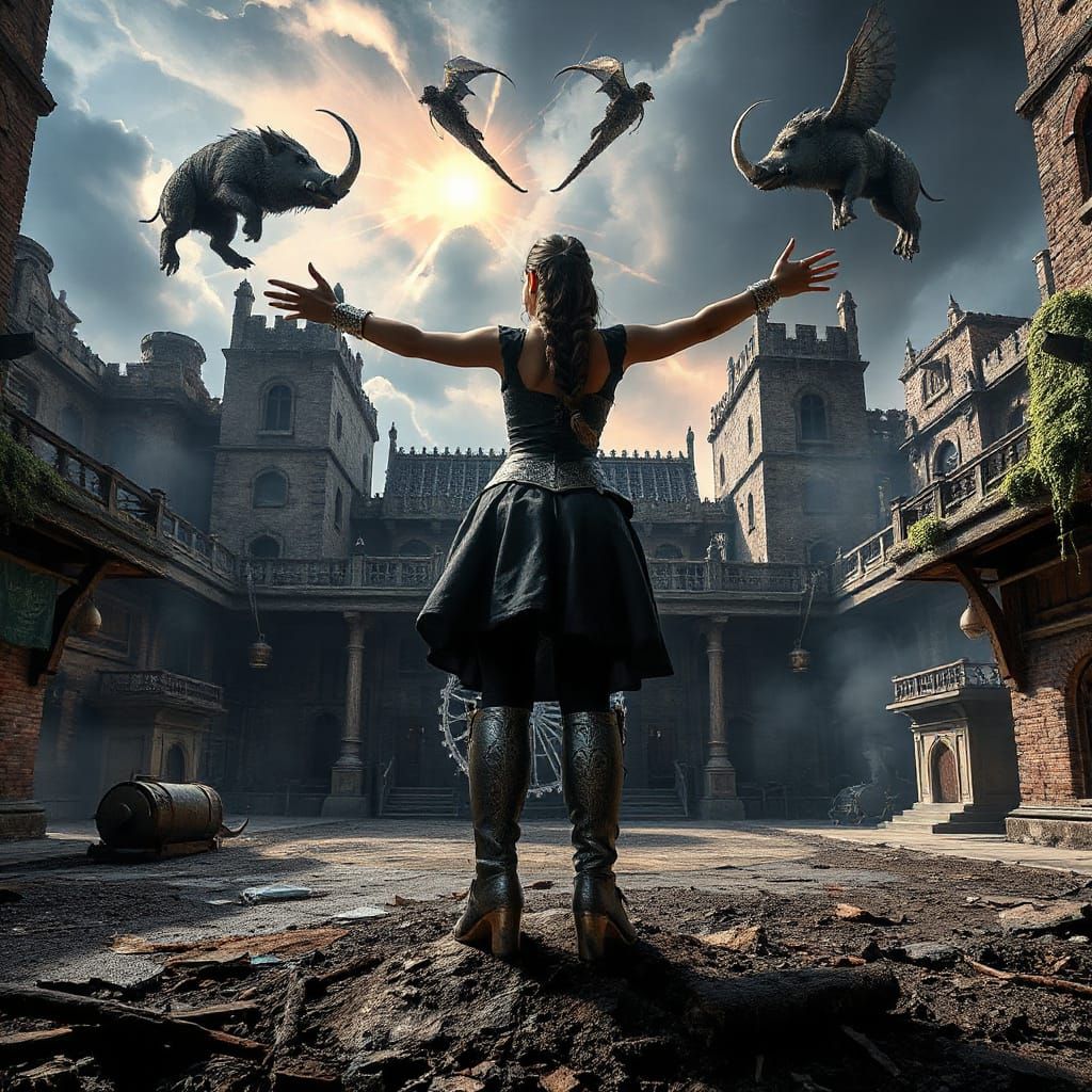 Arcano-Industrial City Plaza Under Magical Curse