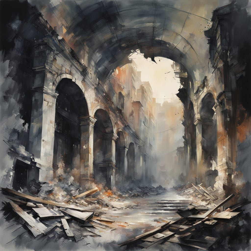 Collapsed Fortress in Misty Watercolors