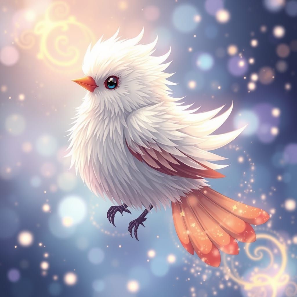 Magical Fluffy Bird with Golden Swirls in Anime Style