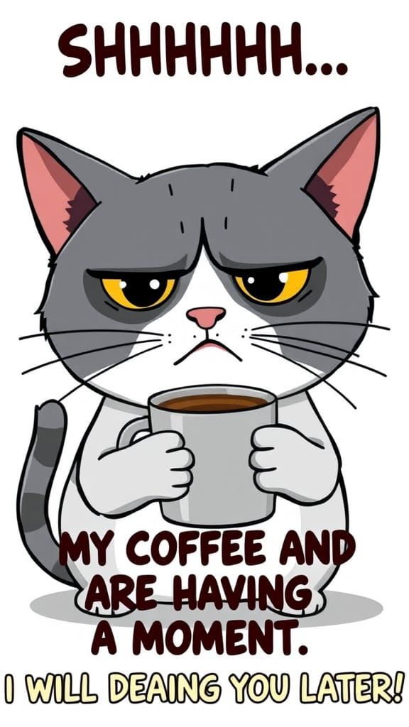 Grumpy Cat Cartoon with Coffee Cup