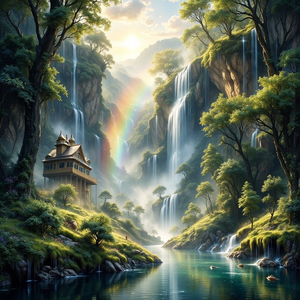 Rainbow Mist Over Waterfall in Morning Sunlight