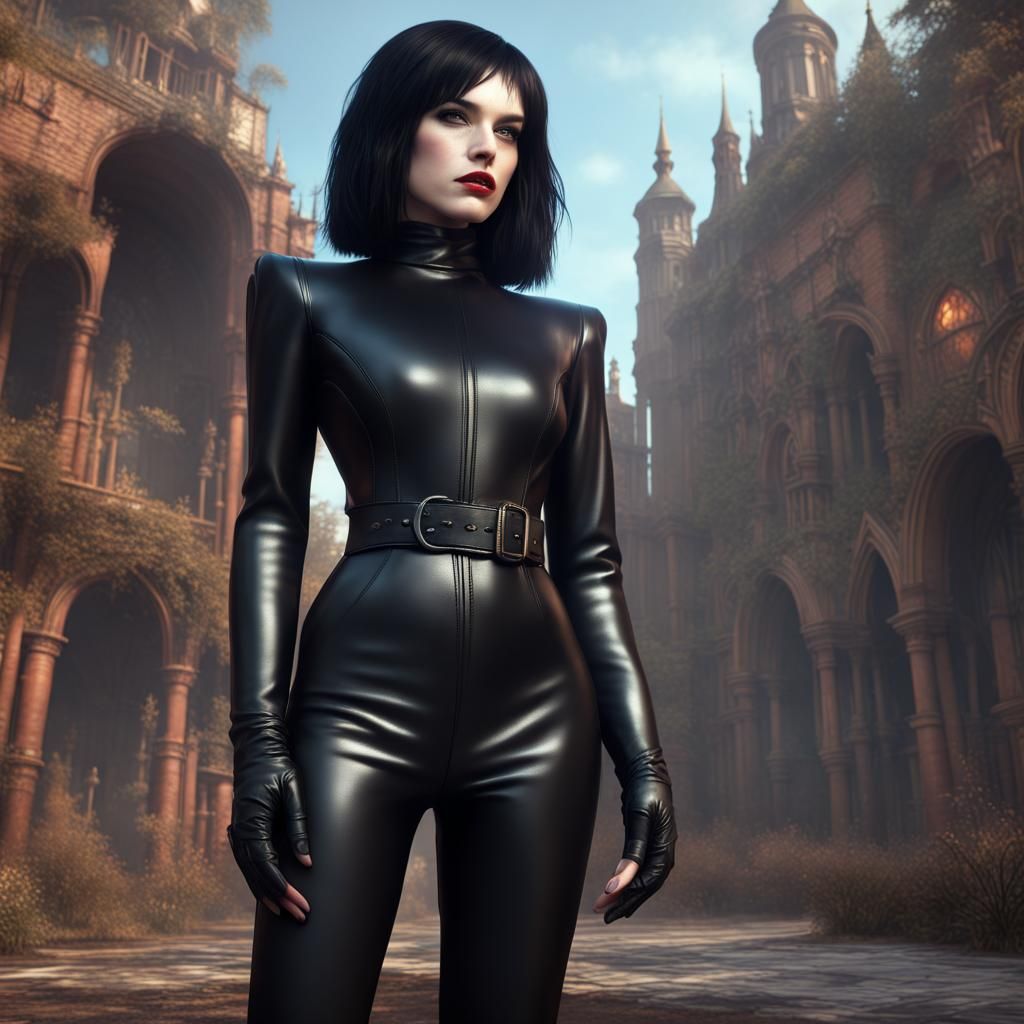 1980s Goth Girl in Leather Jumpsuit, Detailed Matte Painting