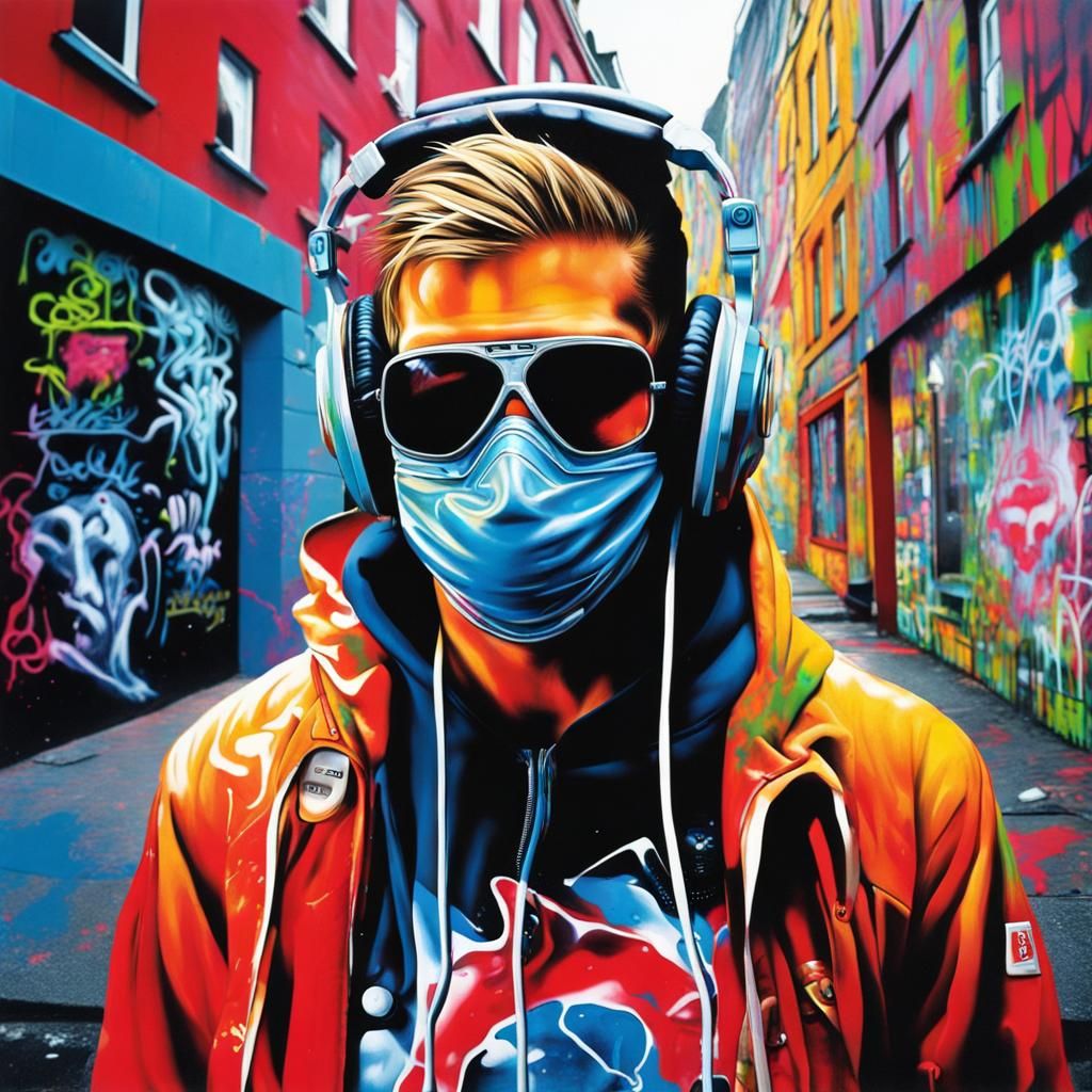 DJ in Sci-Fi Cityscape Graffiti Art