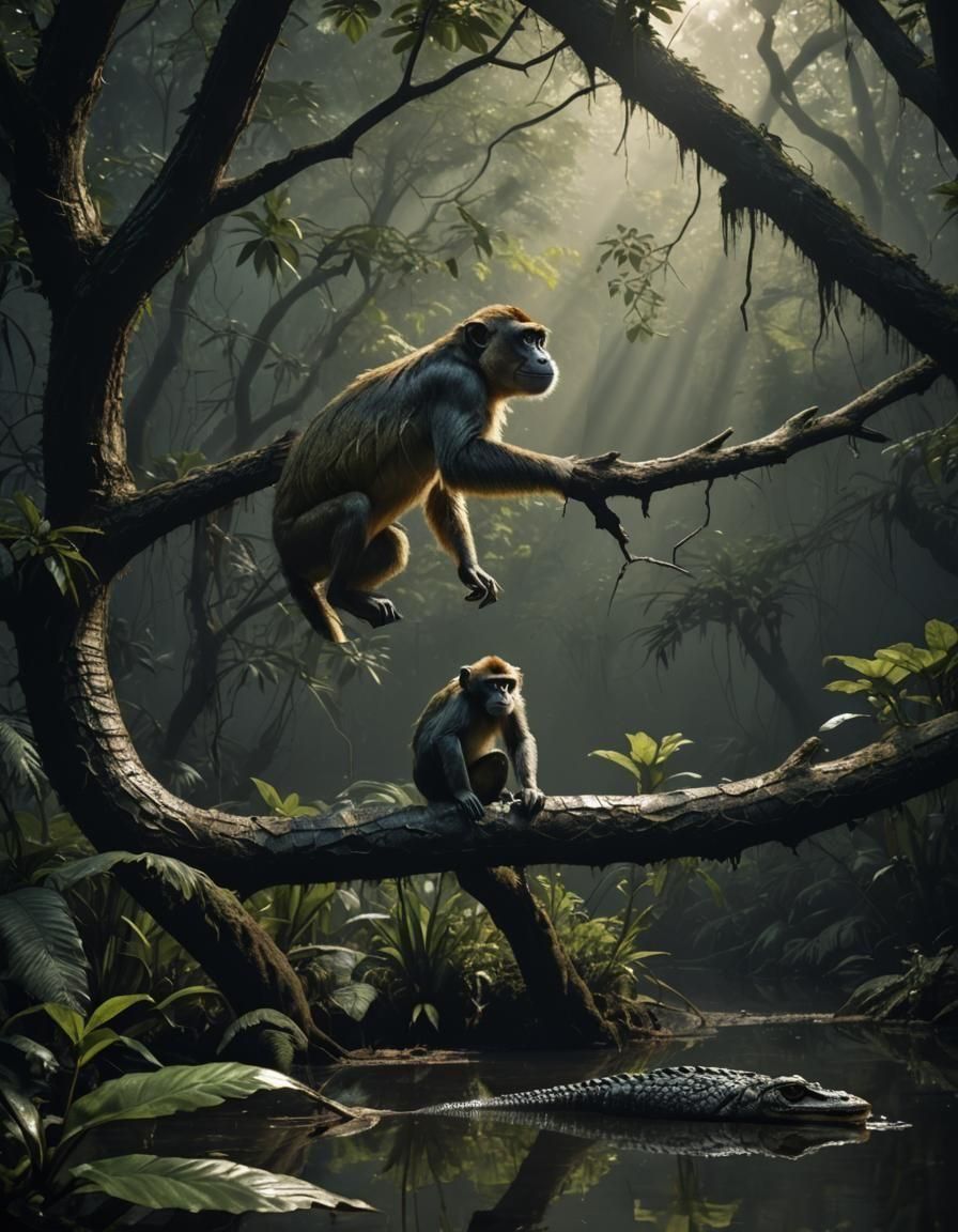 Monkey and Crocodile in German Forest, Photorealistic