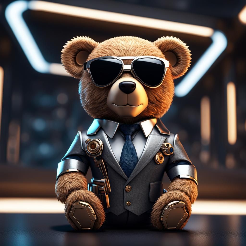 Futuristic Teddy Bear in Suit and Sunglasses