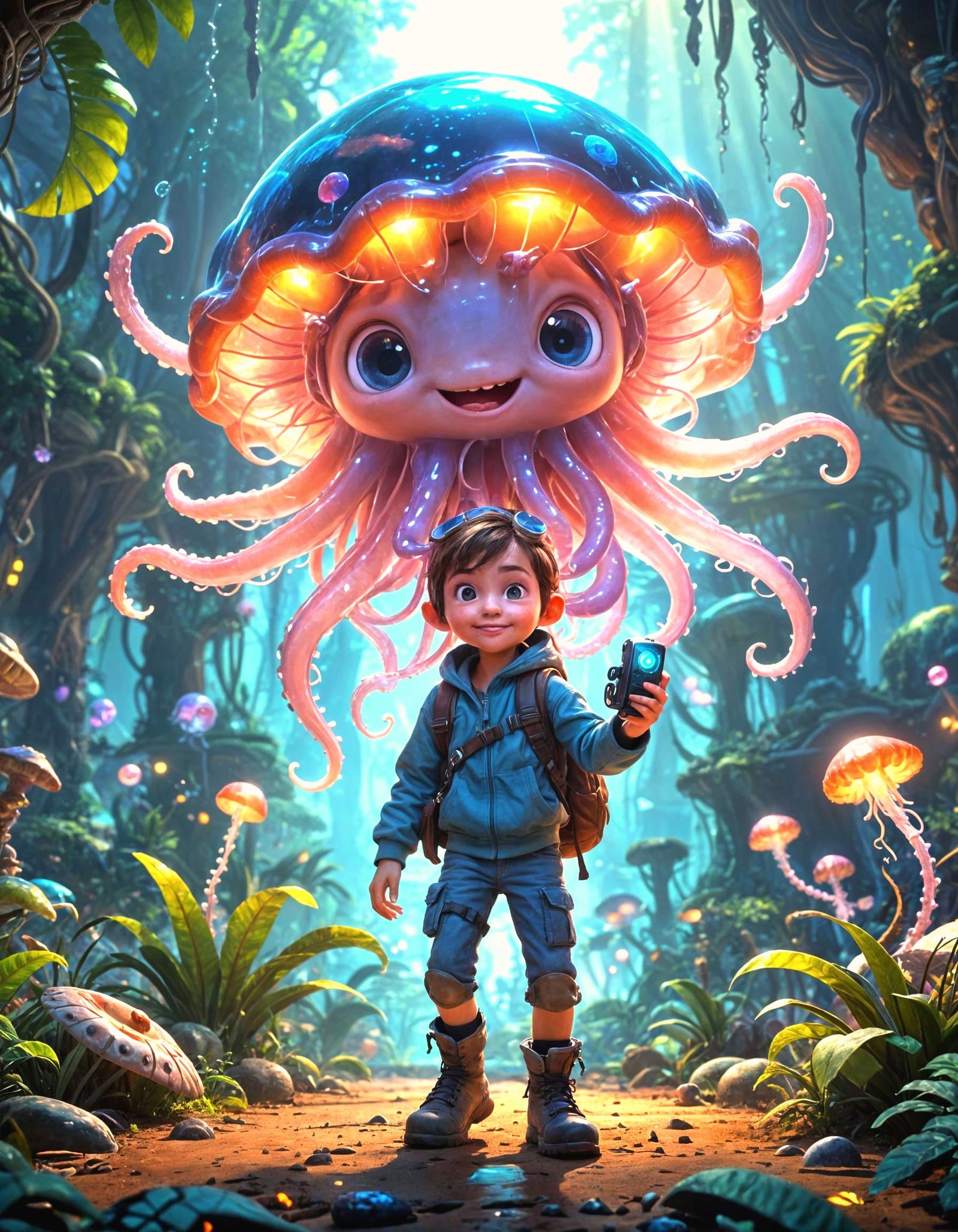 Vibrant Alien Encounter in Whimsical Pixar Style