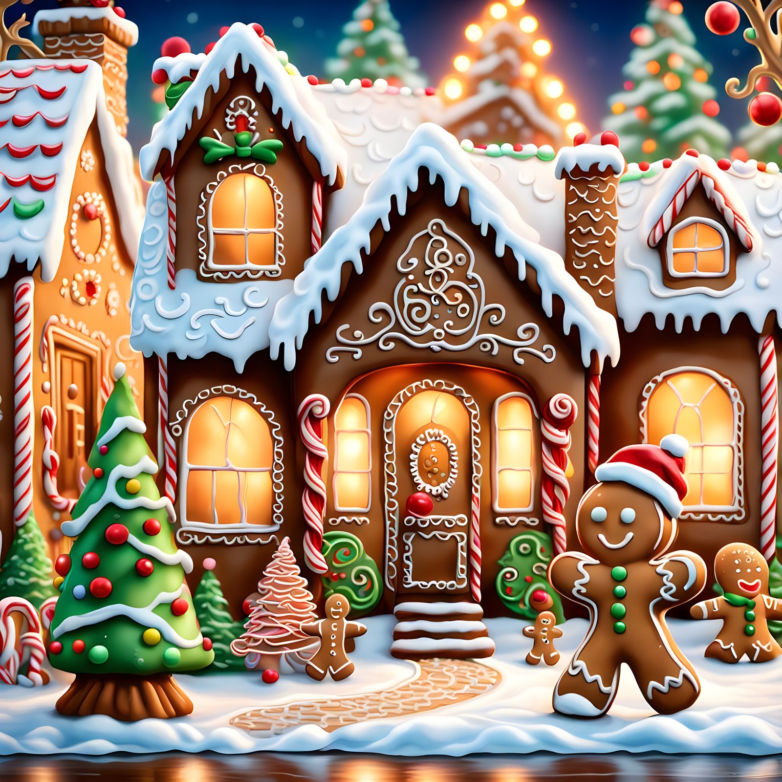 Gingerbread Man in Snowy Christmas Scene