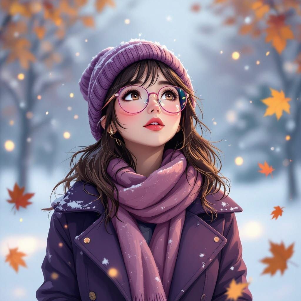 Anime-Inspired Winter Scene with Swirling Autumn Leaves
