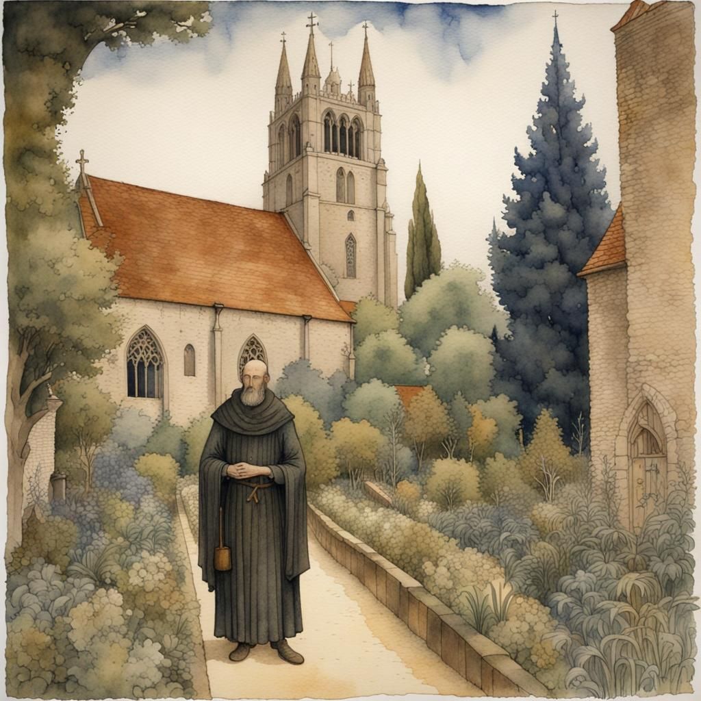 Medieval English Abbey Herb Garden, Watercolor Style