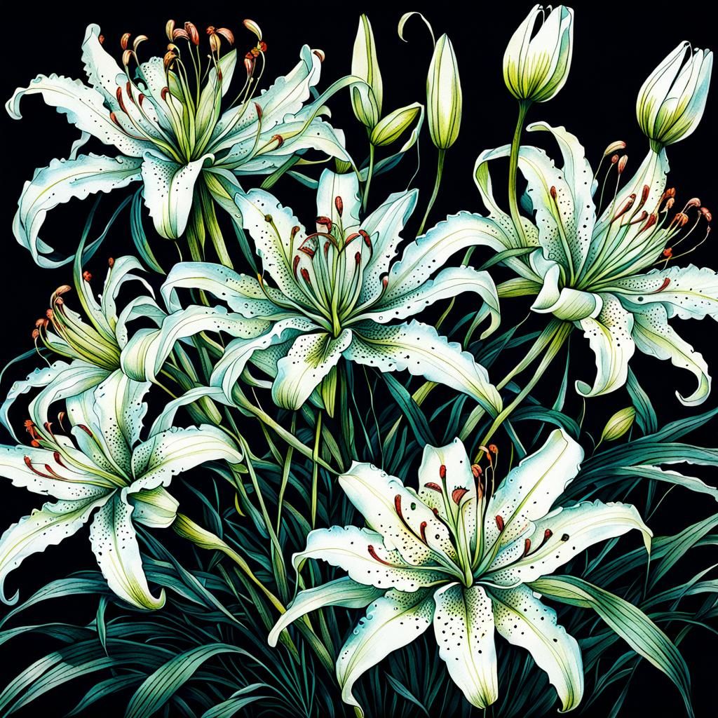 Intricate Ink Painting of Spider Lily Bouquet