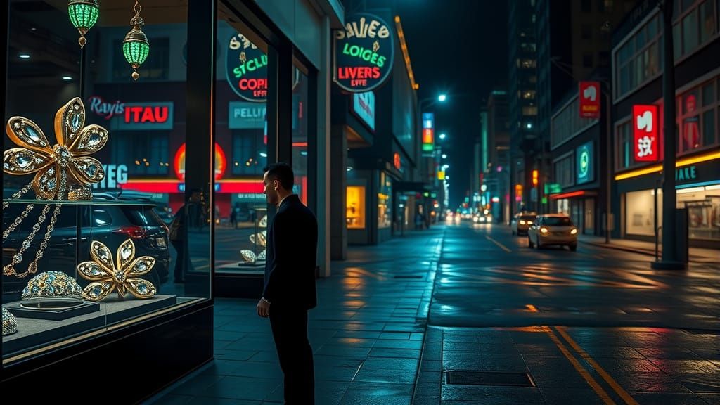 Envious Figure Gazes at Jewels in Neon City Night