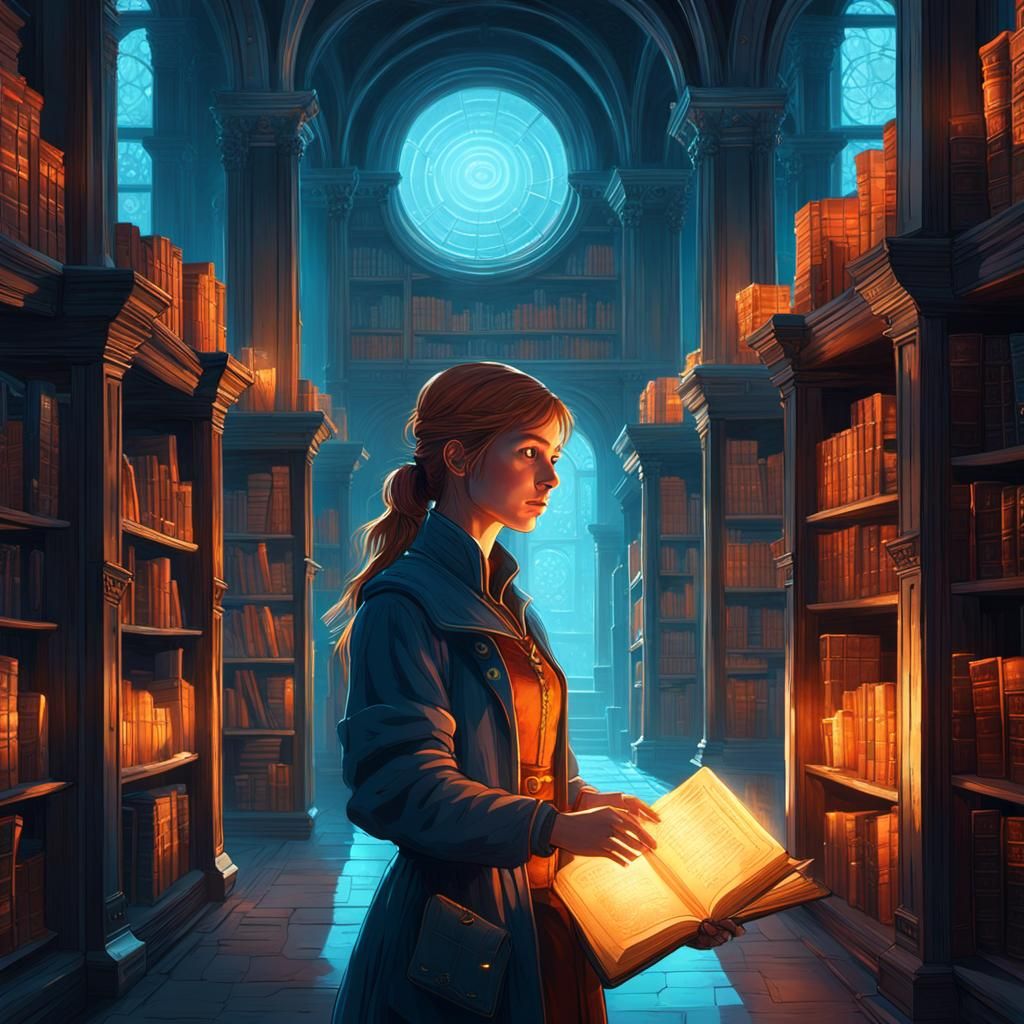 Woman with Glowing Book in Fantasy Library