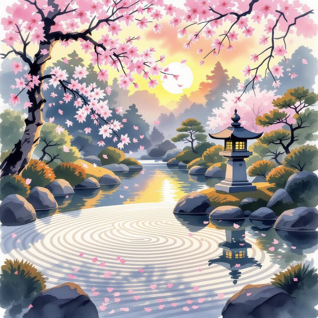 Golden Hour Japanese Garden with Zen Pond and Lantern