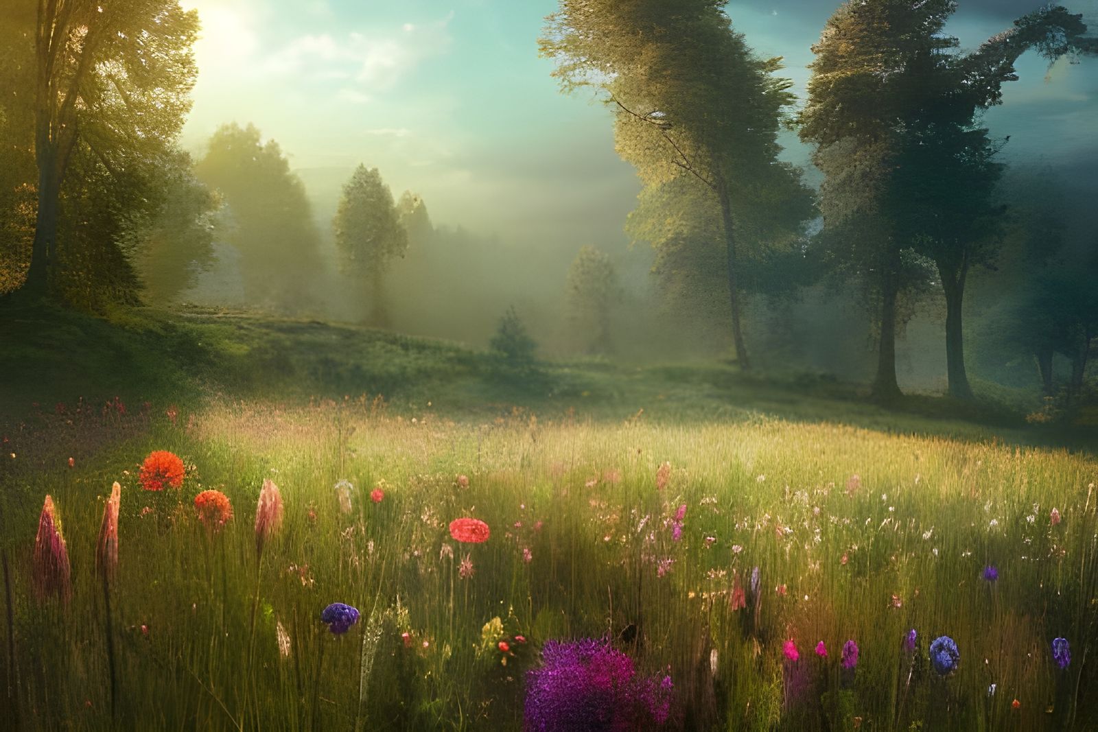 Morning Wildflower Meadow: Hyperdetailed Fantasy Art